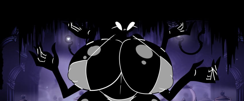 1girls 4_arms black_skin breasts_bigger_than_head collector_(hollow_knight) empty_eyes female female_only hey!_minty hollow_knight hyper hyper_breasts looking_at_viewer mint_ivory oddly_bally rule_63 solo white_eyes