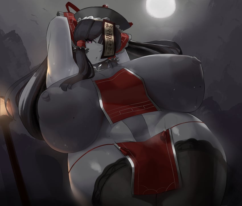 1girls absurd_res alternate_breast_size alternate_skin_color black_hair brainwashing grey_body grey_skin hi_res huge_breasts jiangshi loincloth looking_at_viewer moon night nipples one_eye_covered purple_eyes red_clothing reimu_hakurei suwacrab talisman thighhighs touhou zombie zombie_girl