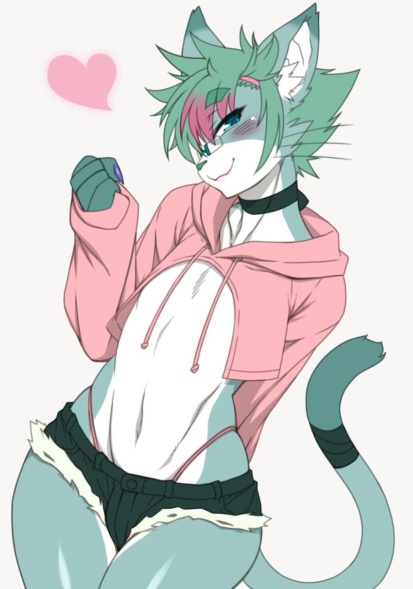 furry glasses heart hoodie panties purple_nails shorts tail teal_eyes teal_fur trap