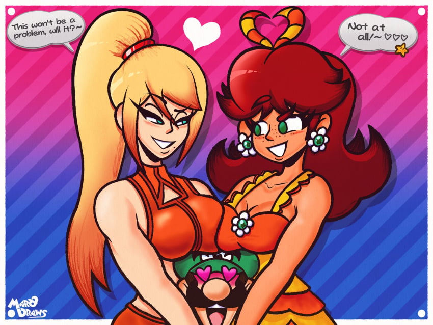 1boy 2girls bisexual_pride_colors blonde_hair blush breasts brown_hair casual_outfit_(metroid) cleavage crossover ear_piercing facial_hair green_hat happy hat heart heart-shaped_pupils highres looking_at_another luigi mario_(series) marodraws metroid mff moustache multiple_girls nintendo no_sex open_mouth piercing princess princess_daisy samus_aran speech_bubble symbol-shaped_pupils