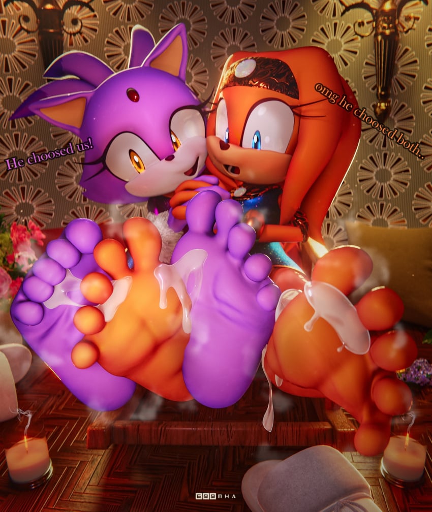 3d 3d_model 5_toes 699mha anthro barefoot blaze_the_cat bodily_fluids clothed clothing cum cum_on_feet digital_media duo feet female foot_fetish foot_focus genital_fluids hi_res humanoid_feet mobian mobian_(species) mobian_echidna plantigrade sega soles sonic_(series) sonic_adventure sonic_the_hedgehog_(series) tikal_the_echidna toes