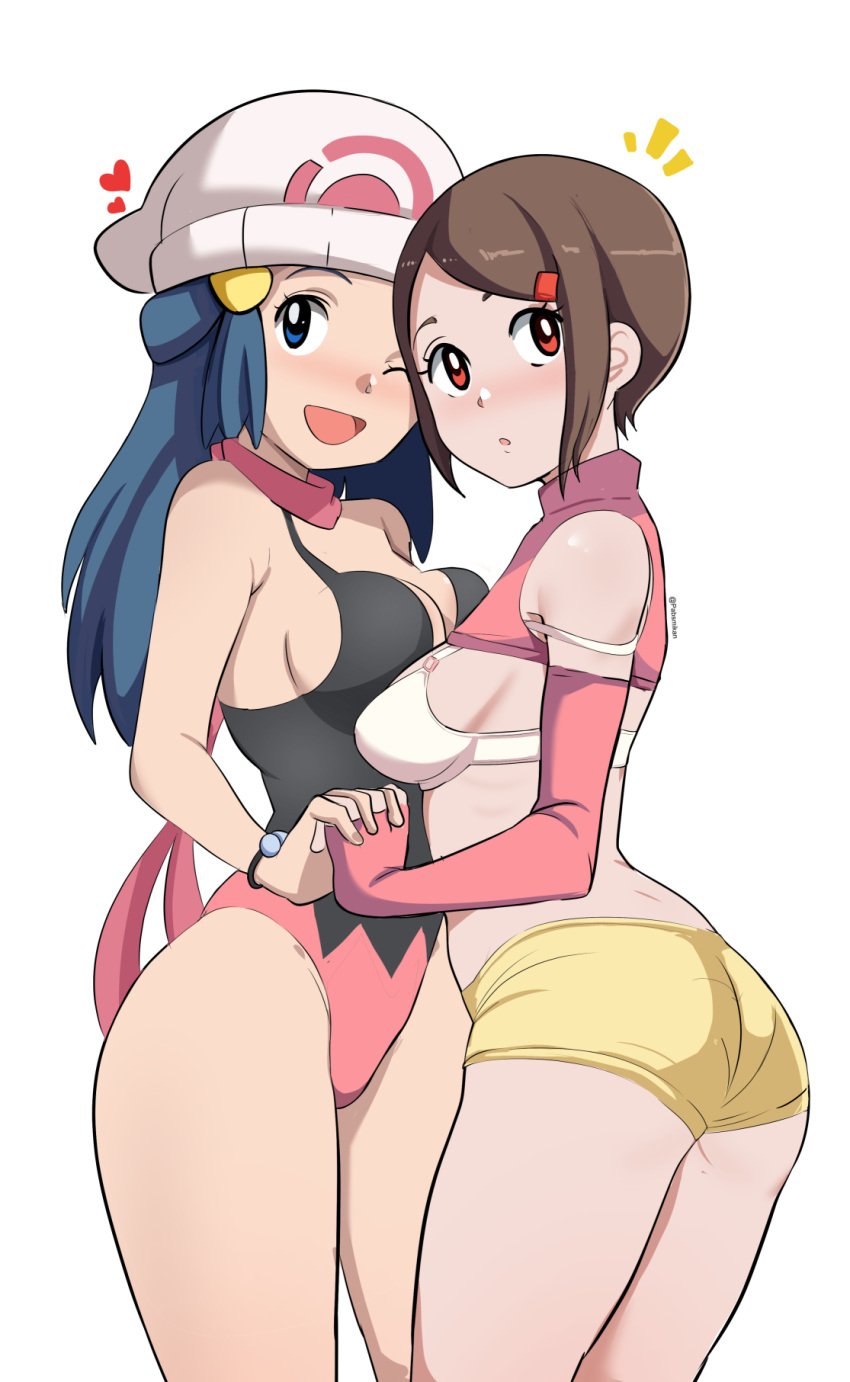 2girls :o ;d adapted_costume ass asymmetrical_docking bandai beanie blue_eyes blue_hair blush bra breasts brown_hair cleavage creatures_(company) crossover dawn_(pokemon) digimon elbow_gloves female female_only game_freak hair_ornament hat heart hi_res hikari_yagami holding_hands interlocked_fingers leotard long_hair looking_at_viewer medium_breasts namesake nintendo olm_(studio) one_eye_closed open_mouth pabsmikan pokemon pokemon_dppt red_eyes revealing_clothes scarf short_hair short_shorts shorts sideboob sidelocks simple_background small_breasts smile standing thighs toei_animation trait_connection white_background wink yuri