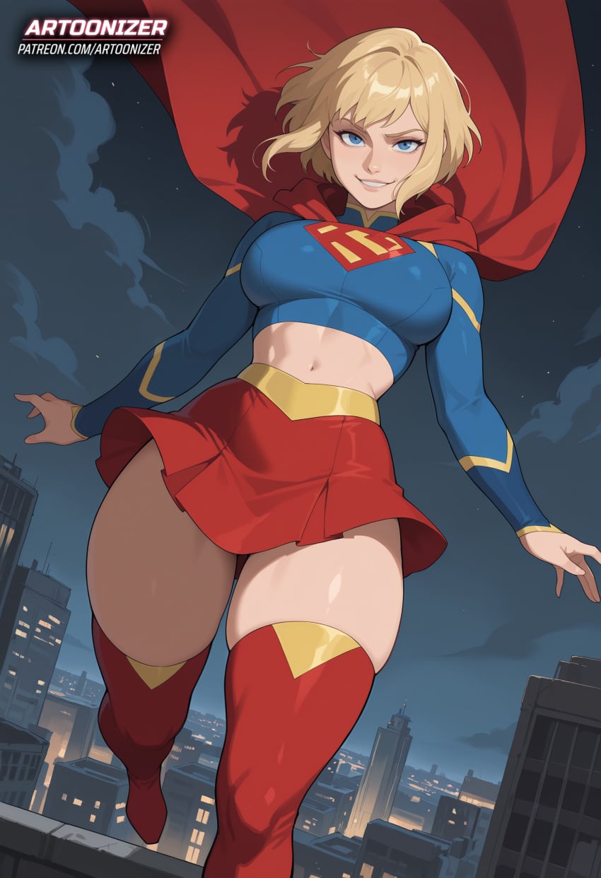 1girls ai_generated artoonizer ass big_ass big_breasts blonde_female blonde_hair blue_eyes boots breasts cape dc dc_comics female flying kara_zor-el legwear light-skinned_female light_skin long_sleeves looking_at_viewer miniskirt my_adventures_with_superman narrow_waist navel outdoors parted_lips patreon patreon_username posing short_hair skirt smile solo solo_female solo_focus standing stomach supergirl superhero_costume superheroine superman_(series) thick_hips thick_thighs thighigh_boots topwear viewed_from_below wide_hips