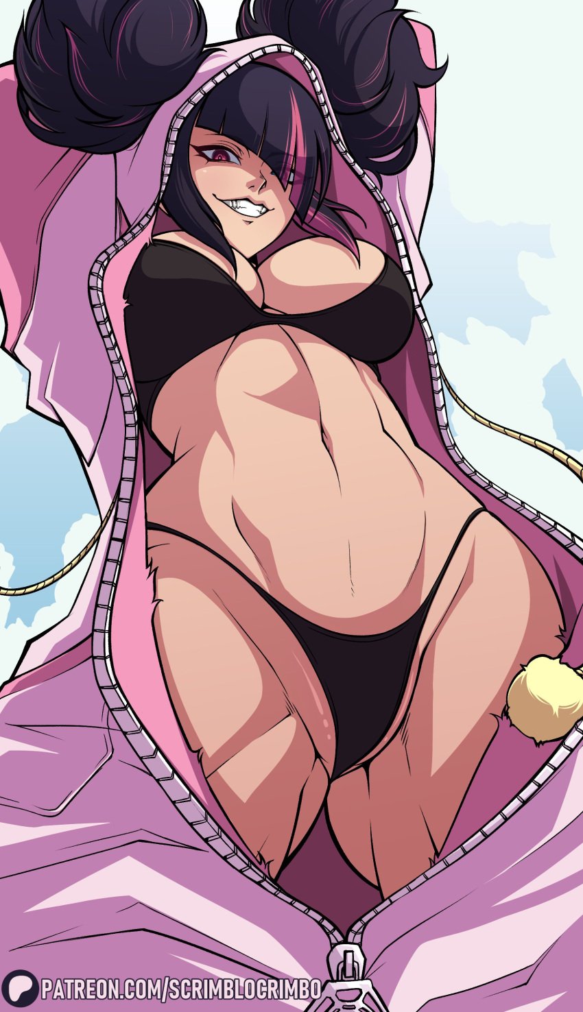 1girls arms_up black_bra black_hair black_panties bra capcom evil_grin female female_only grin juri_han large_breasts looking_at_viewer looking_down panties red_eyes scrimblocrimbo solo solo_female street_fighter street_fighter_6 street_fighter_v toned_stomach