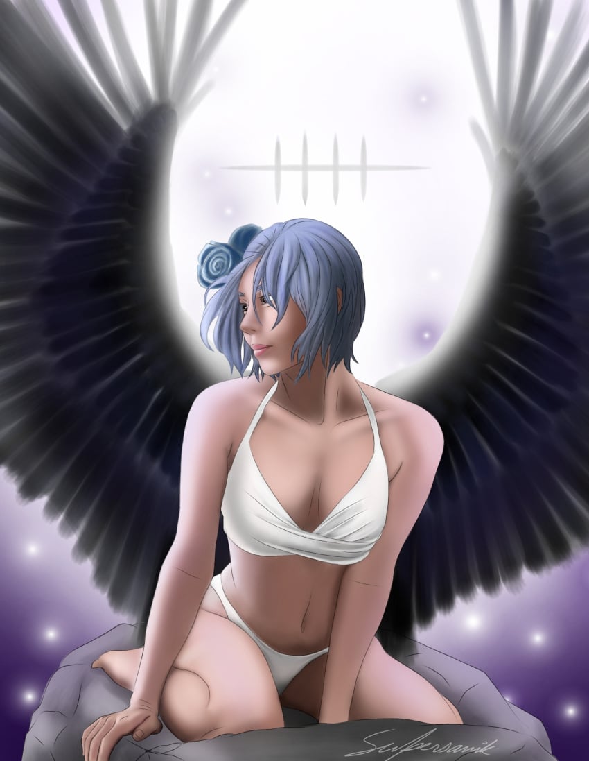 1girls akatsuki_(naruto) alternate_eye_color amegakure_symbol angel angel_wings arm_support artist_name artist_signature bare_legs bare_shoulders barefoot black_feathers black_wings blue_hair brown_eyes clothed_female collarbone female female_only flower flower_in_hair gradient gradient_background hair_ornament kneeling konan long_hair looking_away midriff naruto naruto_(series) naruto_shippuden navel on_knees pinup posing shiny shiny_hair shiny_skin shoulder_length_hair smile solo solo_focus supersanik01 underwear watermark white_underwear wings