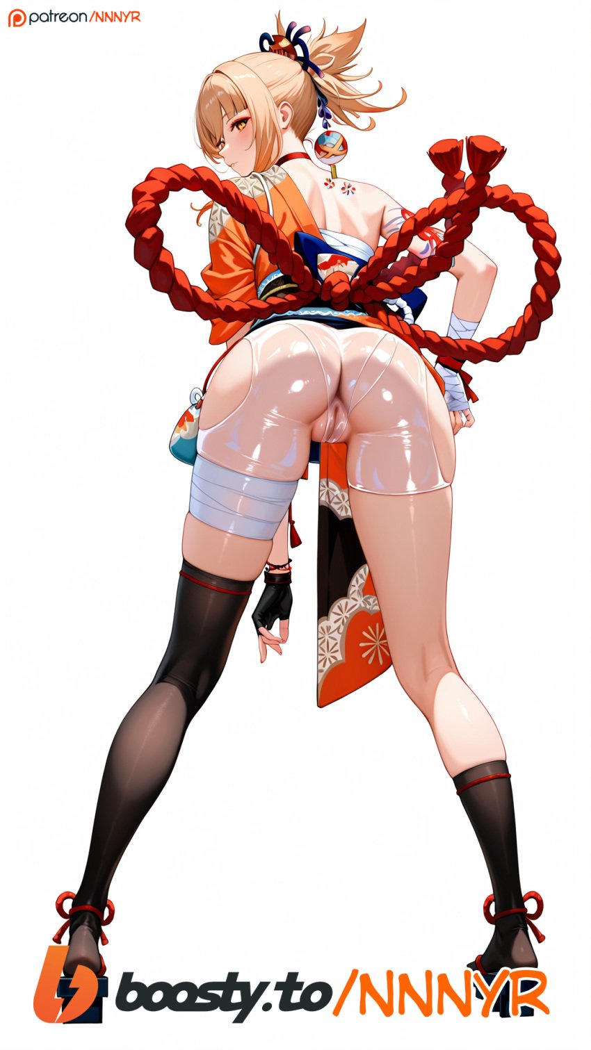 1girls ai_generated blonde_hair choker from_behind genshin_impact kimono looking_at_viewer nnnyr orange_eyes orange_kimono ponytail short_hair stable_diffusion standing stockings thicc_thighs thick_thighs visible_pussy yellow_eyes yoimiya_(genshin_impact)