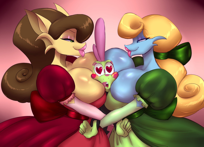 1boy 2girls alice_(jamearts) anthro aroused belise7 between_breasts big_breasts big_lips blonde_hair blush breasts brown_hair clothed clothing dragon dress female furry heart heart-shaped_pupils hugging jimmy_(jamearts) lips lipstick lipstick_mark long_hair looking_at_partner male open_mouth original original_character rebecca_(jamearts) scalie simple_background smile straight