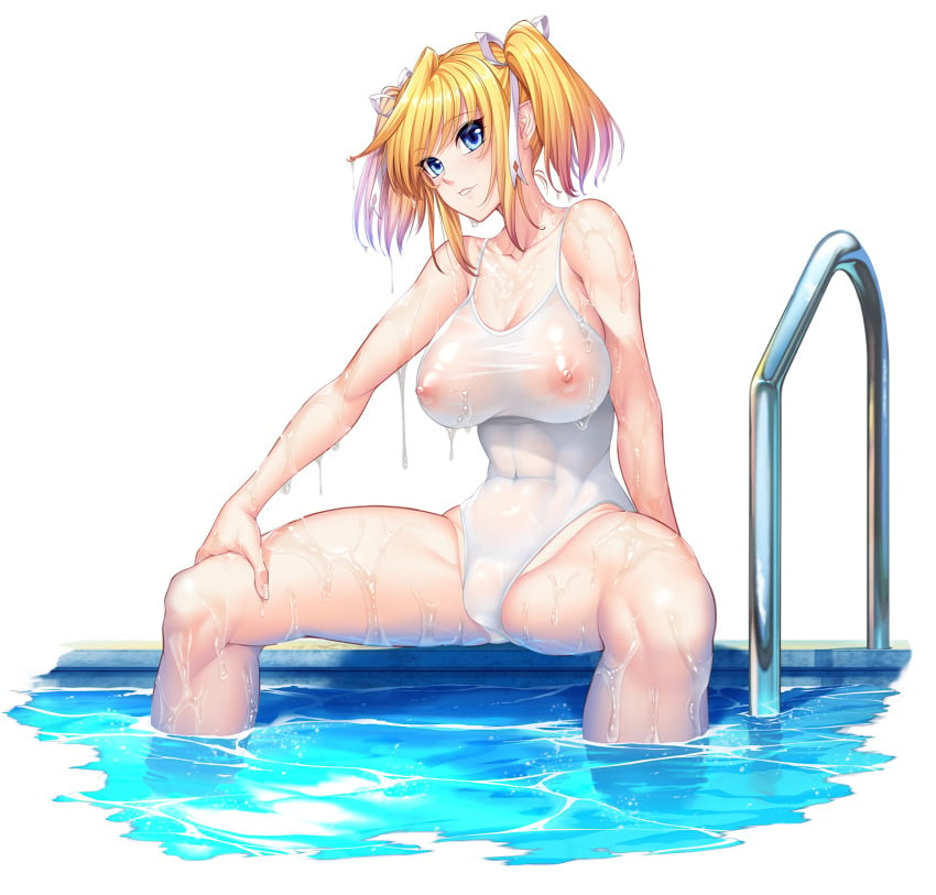 blonde_hair blue_eyes breasts cleavage closed_mouth covered_nipples eyebrows eyebrows_visible_through_hair female hair_between_eyes hair_ribbon highres large_breasts lilith-soft long_hair looking_at_viewer nipples one-piece_swimsuit pointy_ears pool ribbon see-through shinganji_kurenai shiny shiny_hair shiny_skin simple_background sitting smile solo spread_legs swimsuit taimanin_(series) taimanin_kurenai taimanin_rpgx twintails water wet white_swimsuit zol