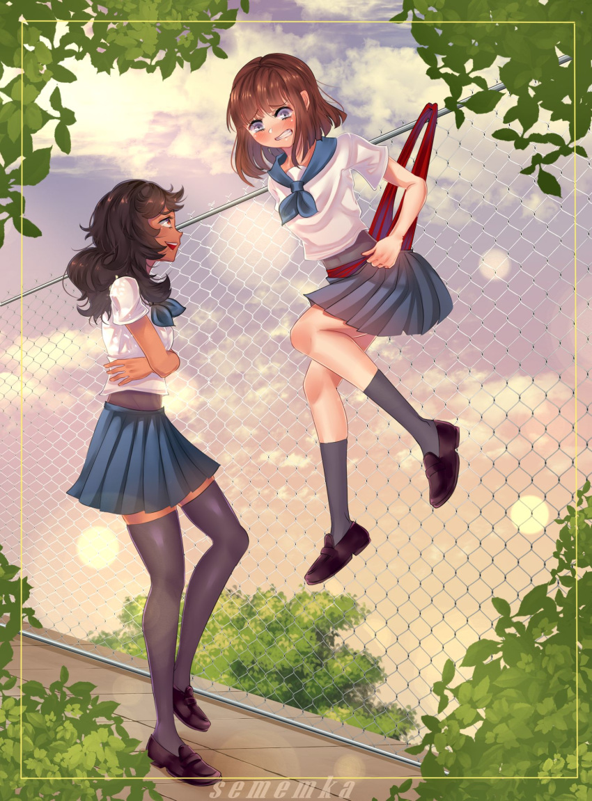 accidentally_stuck blush clothes_stuck_on_object female fence gritted_teeth hanging_wedgie panties red_panties school_uniform schoolgirls skirt stuck stuck_in_fence wedgie