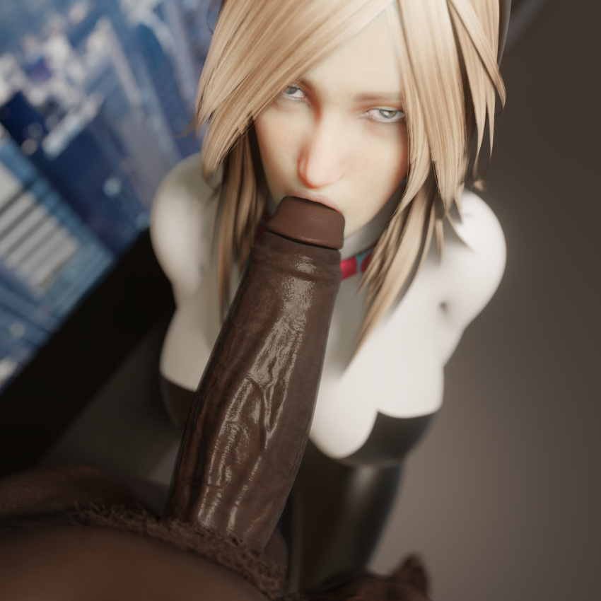 1boy 1girls 3d big_penis blonde_hair dark-skinned_male dark_skin fellatio female gwen_stacy interracial large_breasts large_penis looking_at_viewer male marvel mavixtious miles_morales ponkosfm pov spider-gwen spider-man_(series)