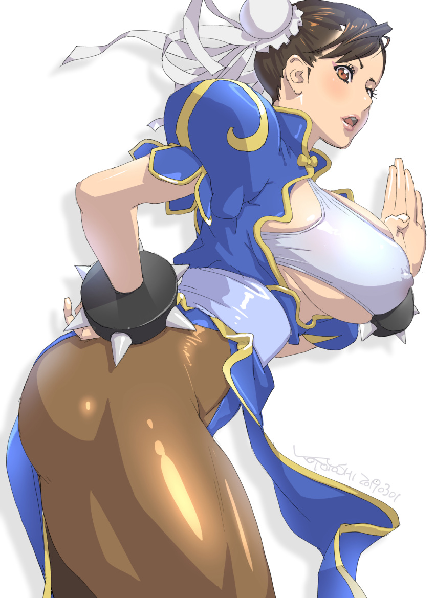 big_breasts brown_hair capcom chinese_clothes chun-li clothed_female female female_only hair_bun kotoyoshi kotoyoshi_yumisuke long_hair mature_female nipples nipples_visible_through_clothing pantyhose solo solo_female solo_focus street_fighter