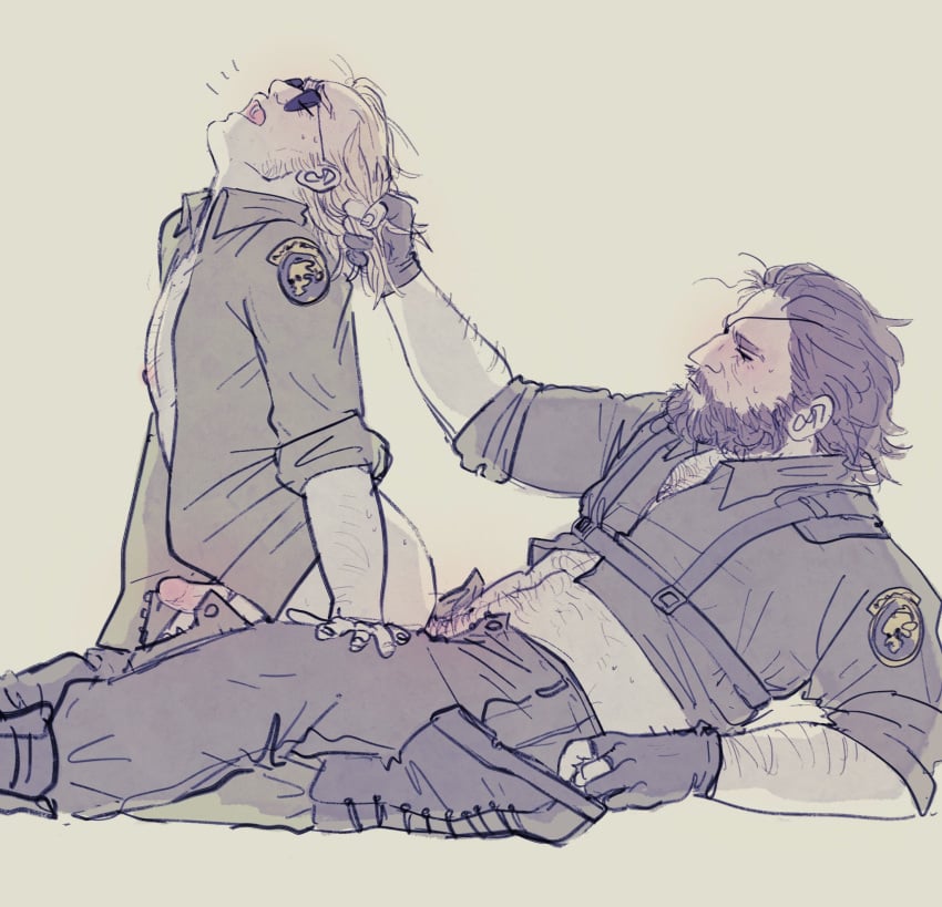 2boys beard big_boss boss erect_nipples erection exposed_nipples eyes_closed facial_hair fingerless_gloves gay hair_pulling head_pulled_back kazuhira_miller konami male male_only metal_gear_solid moustache mxxxgicdave open_mouth open_shirt pants_down pants_open penis_out reverse_cowgirl_position riding_penis sideburns sitting_on_penis sunglasses tinted_eyewear unzipped_pants yaoi