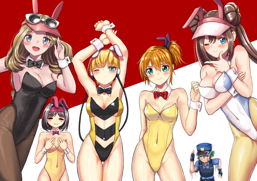 2020 6girls abs absurdres adjusting_hair alternate_costume alternate_outfit angry animal_ears armpits arms_up bare_arms bare_legs bare_shoulders belt black_bowtie black_hair black_leotard blonde_hair blue_clothing blue_eyes blush bowtie breast_hold breast_size_difference breasts brown_hair bunny_ears bunny_girl bunnysuit cleavage closed_eyes covering_breasts crying cutout double_bun elesa_(pokemon) embarrassed erika_(pokemon) eye_contact eyebrows_visible_through_hair fake_animal_ears female female_only fingerless_gloves flat_chest fringe gloves green_eyes green_hair grey_eyes gym_leader hair_between_eyes hairband hand_on_wrist highres human human_only jpeg kasumi_(pokemon) l96_(chinhauming) large_breasts leotard long_hair looking_at_viewer nintendo officer_jenny_(alola) officer_jenny_(pokemon) one_eye_closed open_mouth orange_hair pantyhose pokemon pokemon_bw pokemon_bw2 pokemon_rgby pokemon_xy police police_hat police_uniform policewoman pose red_background red_bowtie rosa_(pokemon) running running_at_viewer serena_(pokemon) short_hair side_ponytail simple_background small_breasts smile standing stretching sunglasses sunglasses_on_head tears teeth thigh_gap thighs tied_hair twintails underboob underboob_cutout uniform very_high_resolution visor_cap white_background white_bowtie white_leotard wide_hips wrist_cuffs yellow_leotard