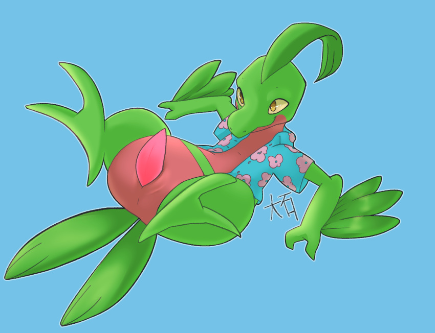 1boy animal_genitalia ass clothing genital_slit grovyle male male_only nintendo o-ishi original_character penis pokémon_(species) pokemon pokemon_(species) pokemon_rse presenting presenting_penis simple_background slit tracy_(linker) video_games