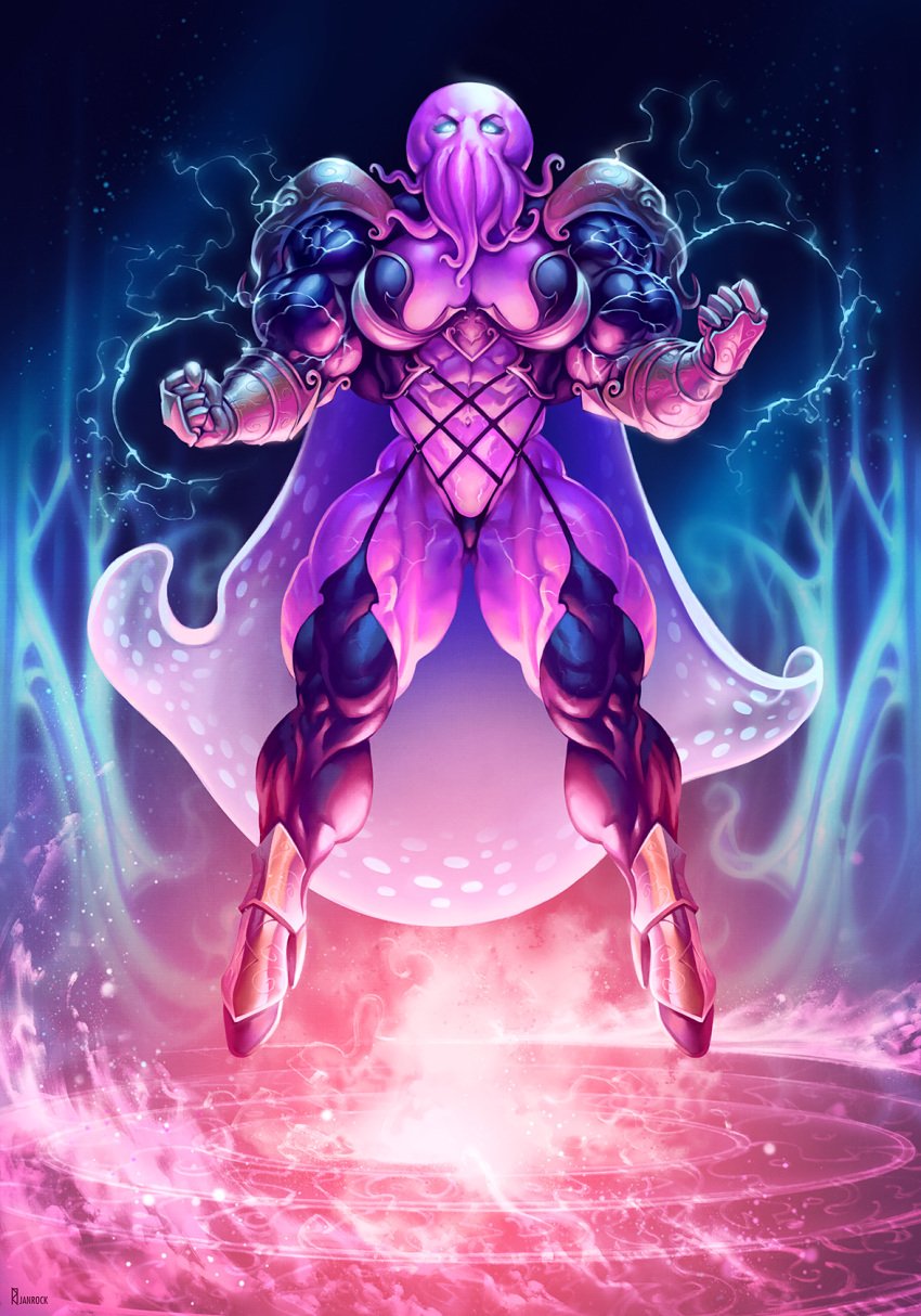 abs anthro blue_eyes breasts cape cleavage dungeons_and_dragons extreme_muscles female illithid janrock mind_flayer muscles muscular muscular_female navel purple_skin solo tentacles thick_thighs thighs thong