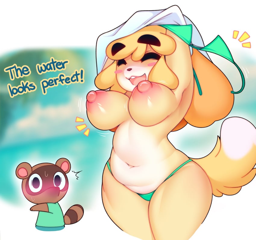 1boy 1girls :3 animal_crossing anthro beach belly big_breasts bikini blush bouncing_breasts breasts canine chubby female flashing happy isabelle_(animal_crossing) nintendo nipples perky_breasts raccoon raikissu shirt_lift shocked smile sweat timmy_nook undressing untied_bikini wardrobe_malfunction