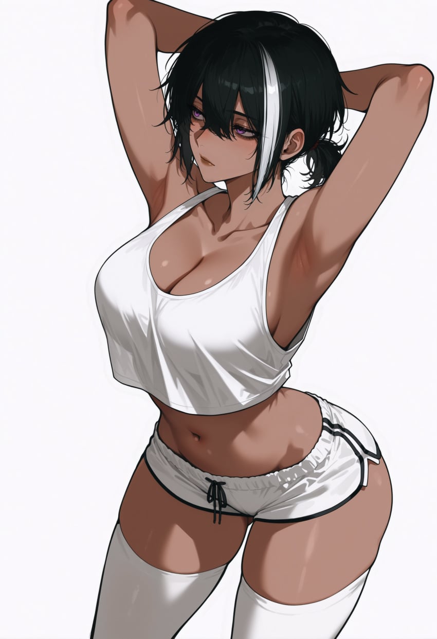 1girls ai ai-created ai_art ai_generated arms_behind_head arms_up belly black_eyelashes black_eyeliner black_hair breasts brown_lips cleavage collarbone contrapposto crop_top cropped_tank_top cropped_top curvy curvy_body curvy_female curvy_figure dark-skinned_female dark_skin deviantart_link dolphin_shorts eyelashes eyelids eyeliner female female_focus female_only from_above groin hair_between_eyes hands_behind_head hips large_breasts latina latina_female legwear leo_(uersor) long_eyelashes looking_afar looking_away low_ponytail mature_female navel ponytail purple_eyes short_hair short_ponytail short_shorts shorts sidelocks simple_background skindentation solo solo_female standing stockings streaked_hair tank_top thick_thighs thighhighs thighs thin_waist three-quarter_portrait tomboy tomboyish top uersor white_background white_legwear white_shorts white_stockings white_tank_top white_thighhighs white_top wide_hips