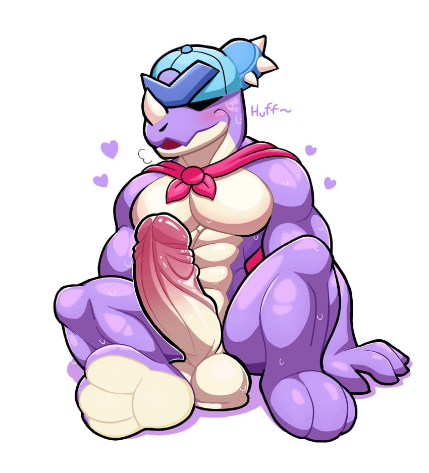 absurd_res anthro balls_on_ground big_penis blue_cap blush bodily_fluids breath cape clothing dinosaur dusk_dome erection facial_horn feet genitals heart_symbol hi_res horn male muscular penis pierce_(brawl_stars) prehistoric_species purple_body reptile scalie solo sweat vein veiny_penis