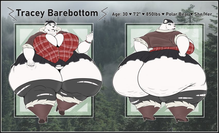 4_toes 5_fingers anthro ass beanie bear beckoning big_breasts big_butt black_border boots border bottomwear breasts cellulite character_name clothed clothed_anthro clothed_female clothing curvy_figure ear_piercing feet female female_anthro fingers footwear front_view genitals gesture hair hand_on_butt hand_on_leg hand_on_own_butt hand_on_own_leg hand_on_own_thigh hand_on_thigh hat headgear headwear heart_symbol hi_res high_heeled_boots high_heels huge_breasts huge_butt huge_hips huge_thighs humanoid_hands hyper hyper_butt hyper_hips hyper_thighs inner_boob looking_at_viewer looking_back looking_back_at_viewer mammal miniskirt nipple_outline open_clothing open_shirt open_topwear pattern_clothing pattern_shirt pattern_topwear piercing plaid plaid_clothing plaid_shirt plaid_topwear polar_bear rear_view shirt shoes short_hair short_tail skarlett_cynder_(artist) skindentation skirt solo stated_age stated_height stated_species stated_weight tail text thick_thighs toes topwear torn_thigh_highs tracey_barebottom ursine voluptuous voluptuous_anthro voluptuous_female vulva white_body wide_hips