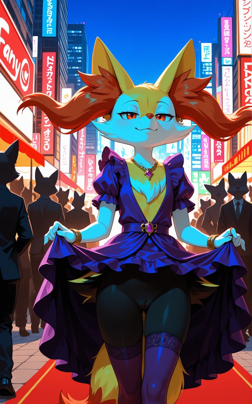 1girls 2026 ai_generated anthro black_fur bracelet braixen city crowd dress dress_lift ear_piercing fancy_clothing female female_only flat_chest generation_6_pokemon gold_jewelry half-closed_eyes hi_res inner_ear_fluff innie_pussy jewelry necklace night nintendo no_panties orange_eyes orange_fur pokemon pokemon_(species) pussy red_carpet smug thighhighs walking white_fur yellow_fur zonoya_(artist)