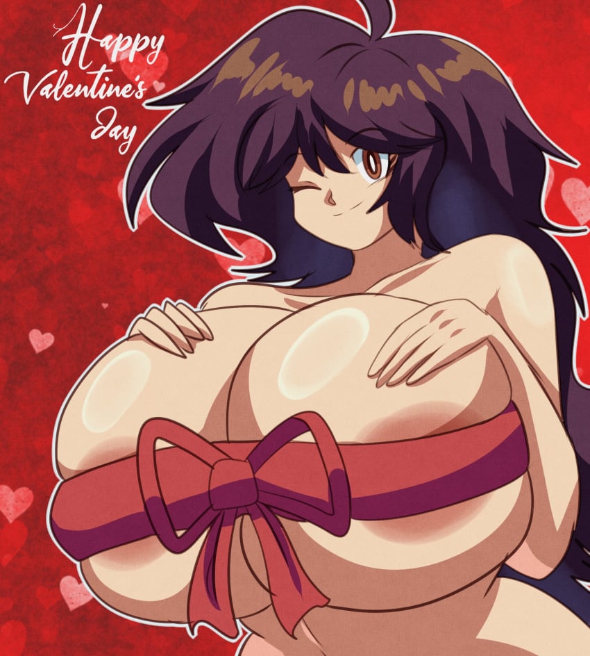 1girls ahoge black_hair brown_eyes cleavage english_text female female_only gift_wrapped huge_breasts long_hair looking_at_viewer lueduar lulú_(lueduar) nude original ribbon shiny_skin solo underboob valentine's_day wink wrapped