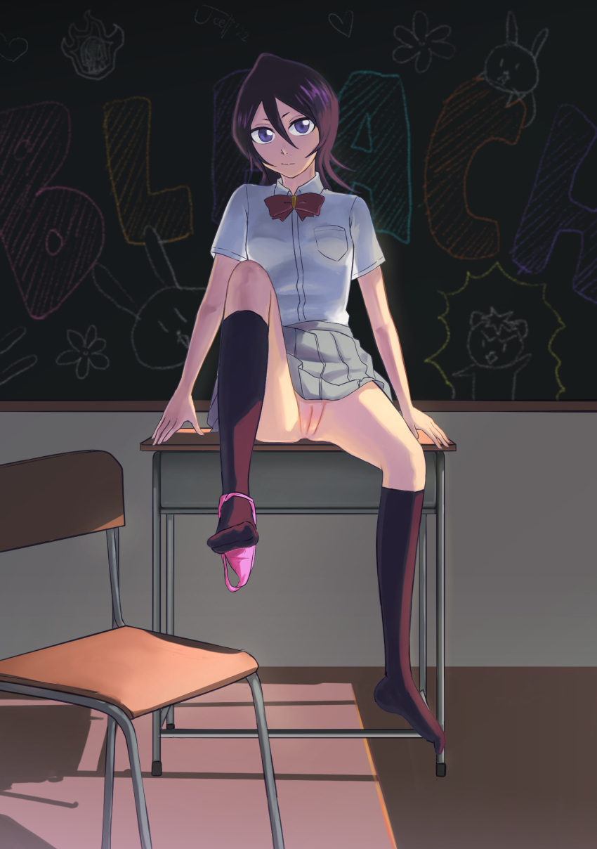 black_hair black_legwear black_socks bleach chalk chalkboard classroom clothing desk_chair digital_media_(artwork) fanart female female_only footwear full_color high_resolution indoors innie_pussy jcell knee_high_socks kuchiki_rukia large_eyes legwear no_panties on_desk pink_underwear purple_eyes school_desk school_uniform shadow sitting sitting_on_desk slit socks solo solo_focus sunlight underwear uniform upskirt vagina