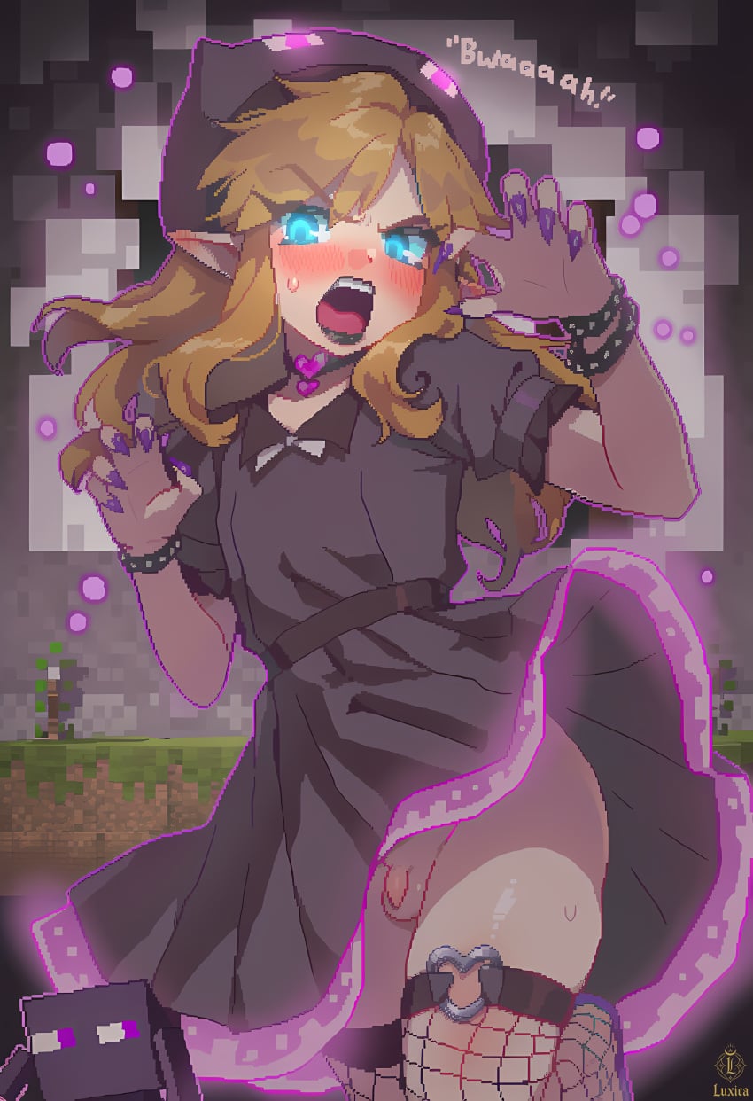 ai ai_art ai_generated almond_eyes androgynous angry angry_expression angry_face black_lipstick blue_eyes blush choker cosplay crossdressing crossover cute dress earrings enderman enderwoman femboy feminine_male feminization fishnet_legwear funny funny_face girly girly_boy golden_hair hands_up heart hood hood_up hoodie hylian hylian_ears link link_(breath_of_the_wild) link_(tears_of_the_kingdom) long_nails luxica minecraft nintendo novelai open_mouth outline penis pixel pixel_art purple_dress purple_nails shouting small_penis sweat the_legend_of_zelda trap twink uncensored