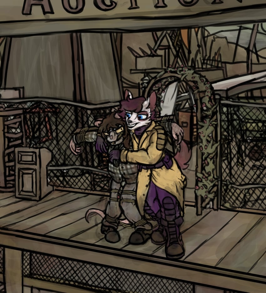 angry angry_expression angry_face arm_around_shoulders bad_end benny_(emmetalbenny) blue_eyes bomb_collar bondage bratty bratty_correction bratty_submissive captured captured_female captured_villainess checkered_clothes checkered_topwear clothed clothed_female coat collar color colored commission cross deer deer_ears deer_humanoid deer_tail defeat defeated defeated_villainess defiant defiant_sub dirty dom_turn_sub emmetalbenny enby enclave enclave_(fallout) enclave_officer fallout femsub furry furry_female furry_only gag gagged gagged_female glaring glaring_at_another glasses glasses_on_face glasses_on_head harland_(cassinij) kink leash leash_and_collar leash_pull non_binary raider raider_(fallout) rat rat_ears rat_girl rat_tail rope rope_bondage rope_harness selling showing_off slave slave_auction slave_girl smiling submissive_dom suit suit_jacket trans_woman tugging_leash vibrator white_fur ych ych_commission