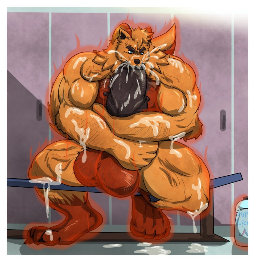 2019 4_toes absurd_res audiophilliac aura autofellatio azolt balls barazoku biceps big_balls bodily_fluids border brown_fur canid canine claws cum digital_media_(artwork) fur genital_fluids growth hi_res huge_balls hyper hyper_balls hyper_penis inside locker_room male male_only mammal masturbation muscular muscular_male oral oral_masturbation orange_fur paws penile penile_masturbation penis penis_hug quads solo toes white_border