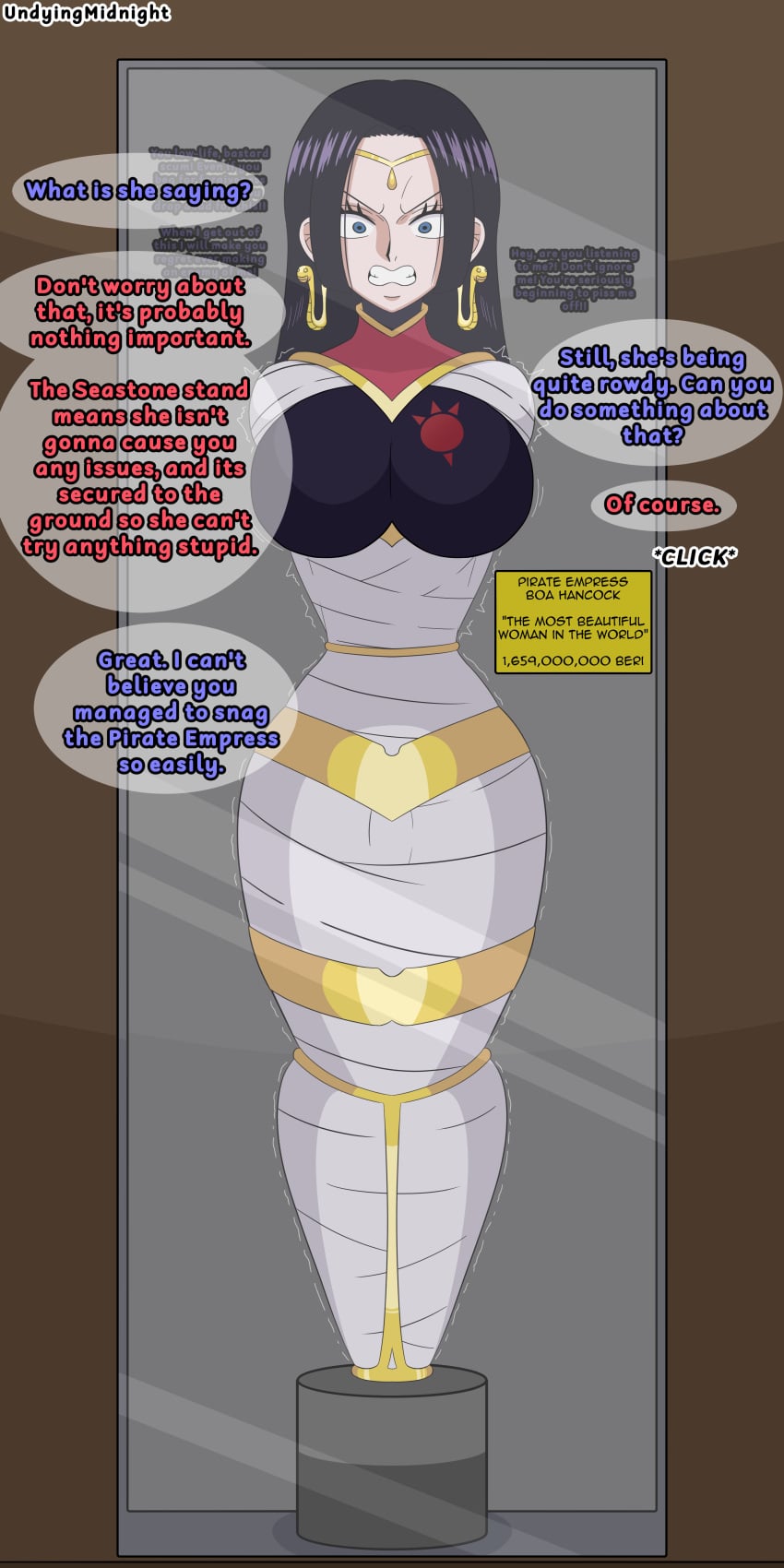 1girls big_breasts boa_hancock commission concrete display display_case english_text female female_only gold_(metal) gold_jewelry midnightundying_(artist) mummy mummy_wrappings offscreen_character one_piece pirate sea_prism tall_female taller_female tenryuubito_mark text thick_thighs vibrator vibrator_under_clothes wrapped wrapped_arms wrapped_up wraps