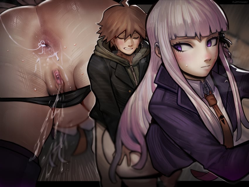 1boy after_anal anus ass black_panties braid cum cum_in_ass danganronpa danganronpa:_trigger_happy_havoc danganronpa_(series) doggy_style female fluffydango hair_ribbon highres kirigiri_kyoko long_hair naegi_makoto panties purple_eyes purple_hair ribbon sex sweat underwear