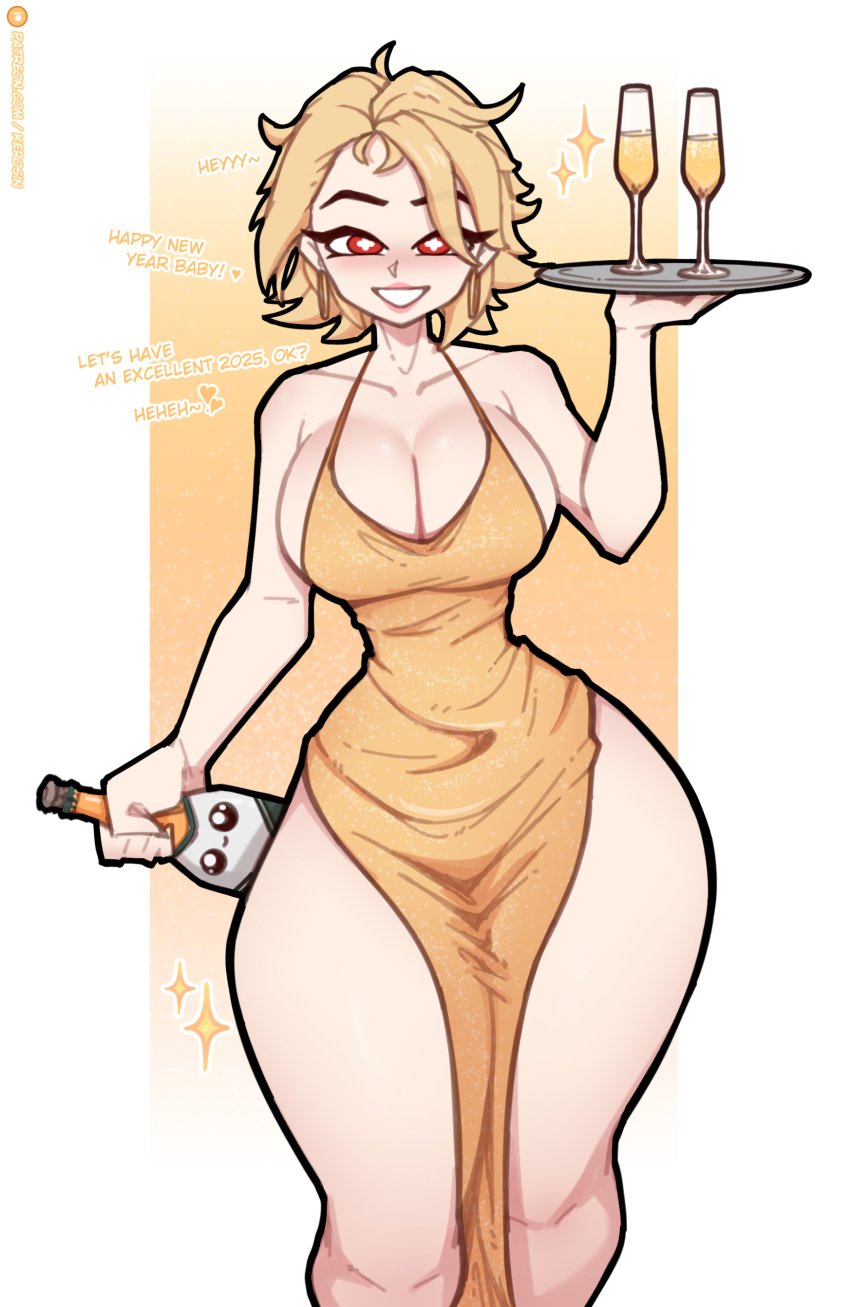 1girls big_hips blonde_hair breasts champagne cleavage dress english_text fortnite gold_dress hourglass_figure joni_(fortnite) kerosin looking_at_viewer new_year red_eyes smile tagme text thick thick_hips thick_legs thick_thighs thighs