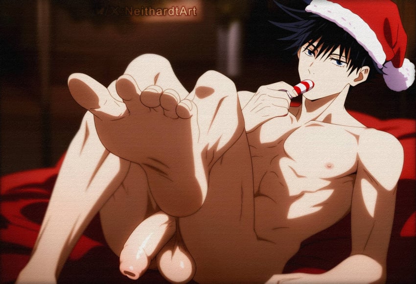 1boy ai_assisted ai_generated balls big_balls big_penis black_hair foreskin fushiguro_megumi indoors jujutsu_kaisen male male_focus male_only muscular muscular_male neithardtart nipples nude penis santa_hat short_hair solo solo_focus solo_male uncut