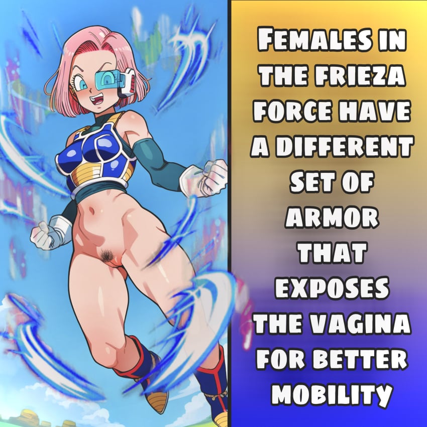 2d ai_assisted ai_generated aura blue_eyes caption dragon_ball_z femsub floating frieza_army_armor gloves maledom_caption oc pink_hair pubic_hair sarina64 scouter shoes short_hair tagme text tinted_eyewear vibrant