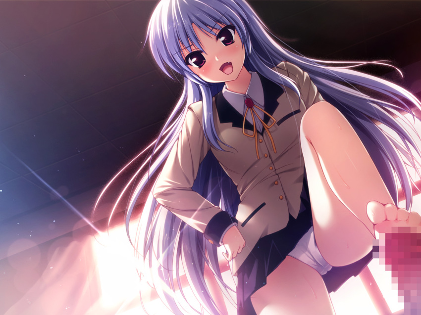 1boy 1girls angel_beats! barefoot blazer blush cameltoe clothed_female cute_fang feet female femdom footjob kanade_tachibana legs long_hair looking_down maid_koubou male mosaic_censoring open_mouth panties pantyshot pantyshot_(standing) penis pov red_eyes school_uniform silver_hair skirt smile standing standing_footjob sweat tenshi_(angel_beats!) toes underwear very_long_hair white_panties