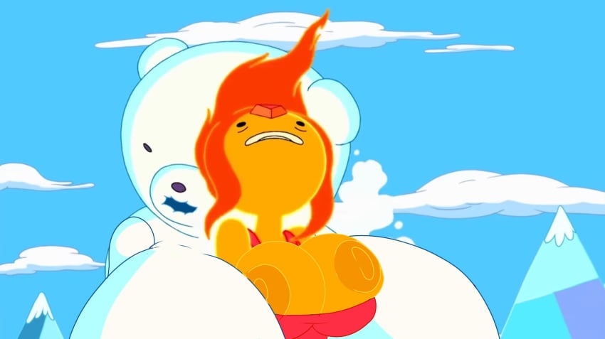 2girls accurate_art_style adventure_time areola areolae bear between_breasts big_breasts big_nipples breast_squeeze breasts breasts_focus breasts_squish edited_official_artwork edited_screencap elemental_creature elemental_humanoid exposed_breasts female female_only fire flame_princess nipples person_between_breasts smothering snow snow_creature snowman steam tits_out topless uncomfortable