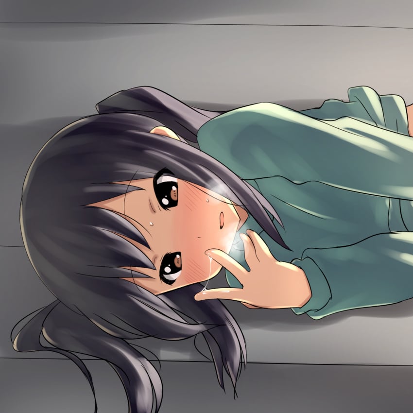 aaaa_(quad-a) black_hair blush breath brown_eyes female female_focus female_masturbation fingering heavy_breathing highres implied_masturbation k-on! long_hair lying masturbation mio_akiyama_(k-on!) nakano_azusa on_side open_mouth out-of-frame_censoring pussy_juice pussy_juice_on_fingers pussy_juice_trail sexually_suggestive solo sweat twintails young