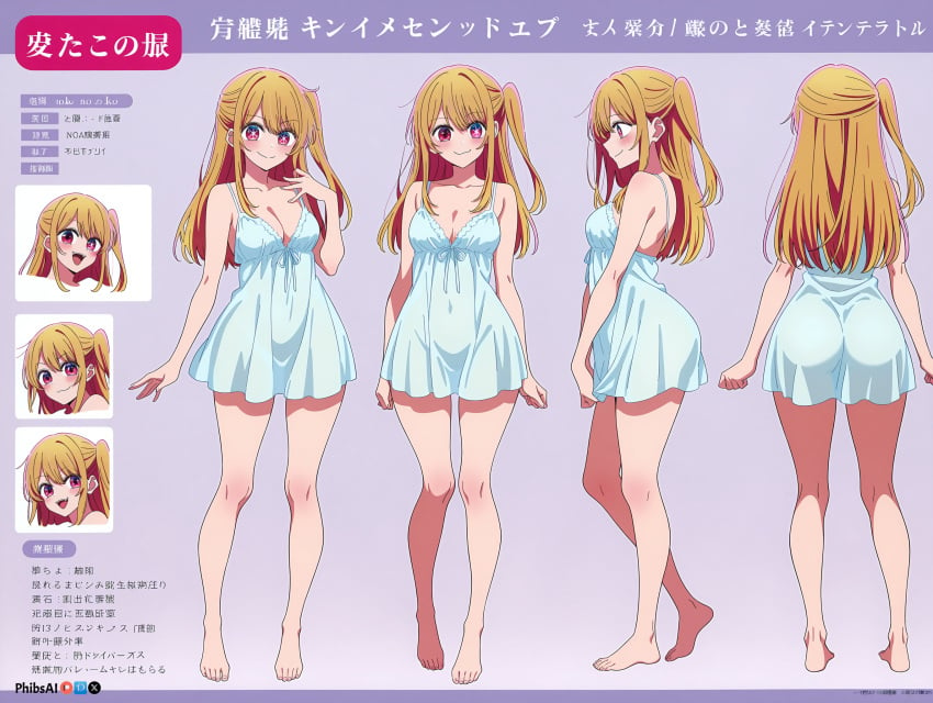 ai_generated ass bare_shoulders barefoot blonde_hair blush breasts character_sheet cleavage collarbone dress feet female full_body hoshino_ruby long_hair looking_at_viewer medium_breasts multiple_views open_mouth oshi_no_ko panties phibsai pout ribbon smile turnaround underwear variations