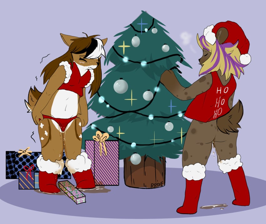 anthro ass bodily_fluids bottomless canid canine christmas christmas_clothing christmas_headwear closed_eyes clothed clothing deer digital_media_(artwork) duo female fur genital_fluids gift hair hat headgear headwear hi_res holidays hyena mammal peeing plant raveneevee santa_hat simple_background spotted_hyena tail topwear tree urine urine_stream watersports wetting