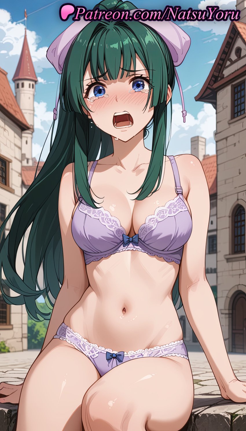 1girls ai_generated anime anime_style arm_support bangs bare_arms bare_shoulders blue_eyes blue_sky blush bow bow_bra bow_panties bra breasts building bust busty cleavage cloud collarbone crying crying_with_eyes_open day earrings female female_focus female_only green_hair hair_ribbons hairbow hentai house lace-trimmed_bra lace_trim large_breasts long_hair looking_at_viewer medium_breasts midriff natsuyoru navel open_mouth outdoors panties pantsu ponytail purple_bow purple_bra purple_panties ribbon sitting sky solo solo_female stomach tate_no_yuusha_no_nariagari tearing_up tears teeth the_rising_of_the_shield_hero thighs town underwear underwear_only voluptuous voluptuous_female yomogi_emarl