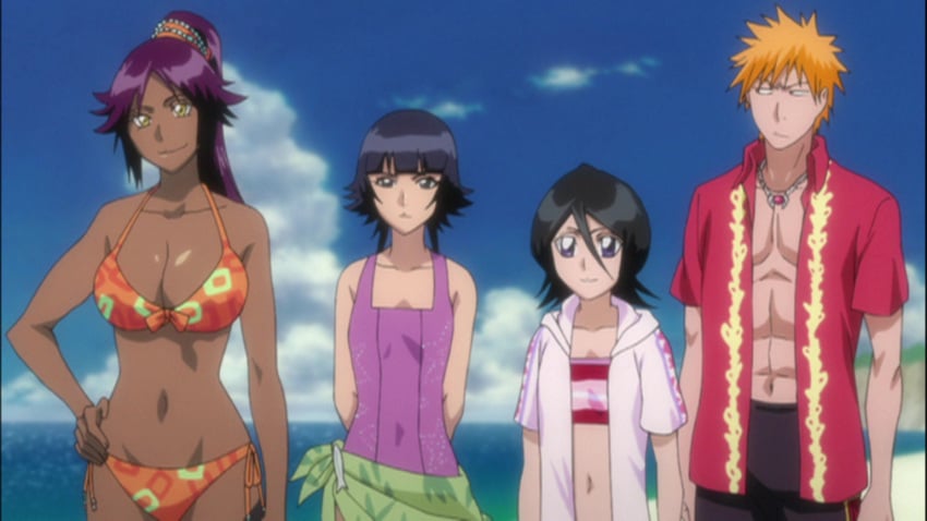 1boy 3girls abs anime_screencap beach bleach dark-skinned_female fat_breasts female flat_belly flat_chested ichigo_kurosaki kuchiki_rukia large_breasts male multiple_girls ocean screencap shihouin_yoruichi six_pack soifon swimsuit