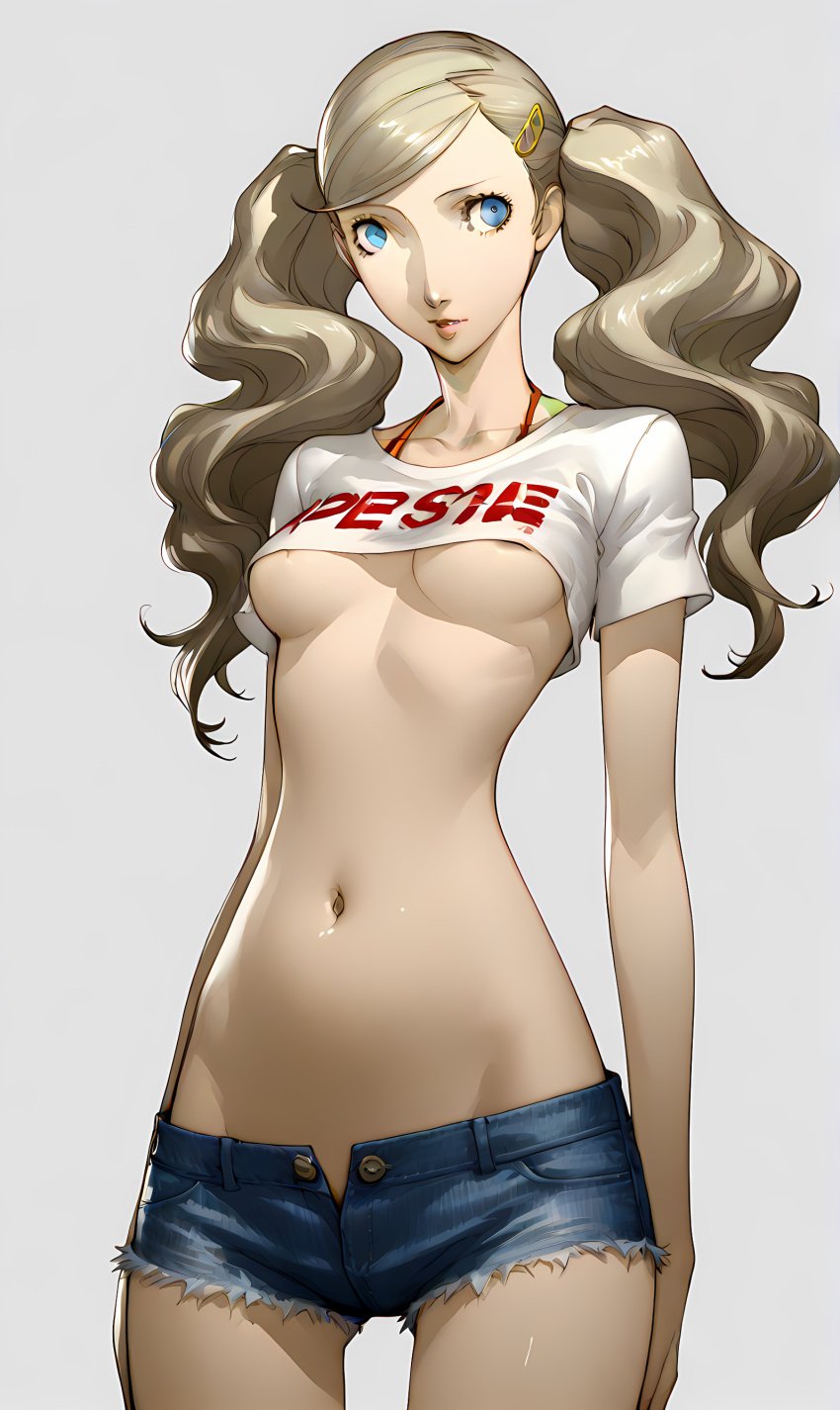 ai_generated ann_takamaki blonde_hair blue_eyes cropped_shirt midriff persona persona_5 shorts skinny sweat underboob