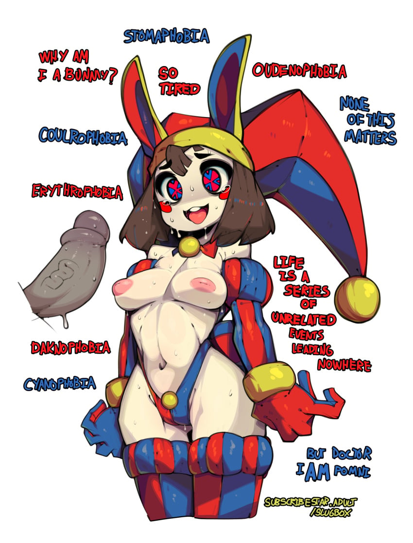 1girls barely_clothed bunny_ears bunny_girl choker dialogue disembodied_penis english_text glitch_productions gooseworx jester jester_girl jester_hat jester_outfit midriff navel offscreen_character pomni_(the_amazing_digital_circus) rabbit_ears rabbit_girl reverse_bunnysuit slugbox solo solo_focus stockings sweat sweatdrop text the_amazing_digital_circus thighhighs thong tongue_out