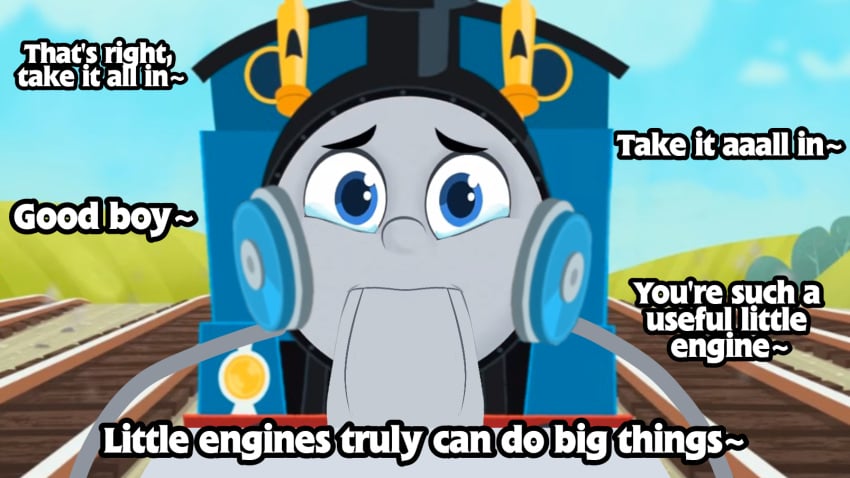 2boys accurate_art_style adult_on_young anthro blowjob blue_body blue_eyes brake_cussy crying_with_eyes_open deepthroat dialogue edit edited edited_image edited_screencap fellatio gordon_the_big_engine holding_head locomotive male/male mattel nonconsensual older_man_and_younger_boy praise rape tears text thomas_and_friends thomas_and_friends_all_engines_go thomas_the_tank_engine train unseen_male_face wheel young