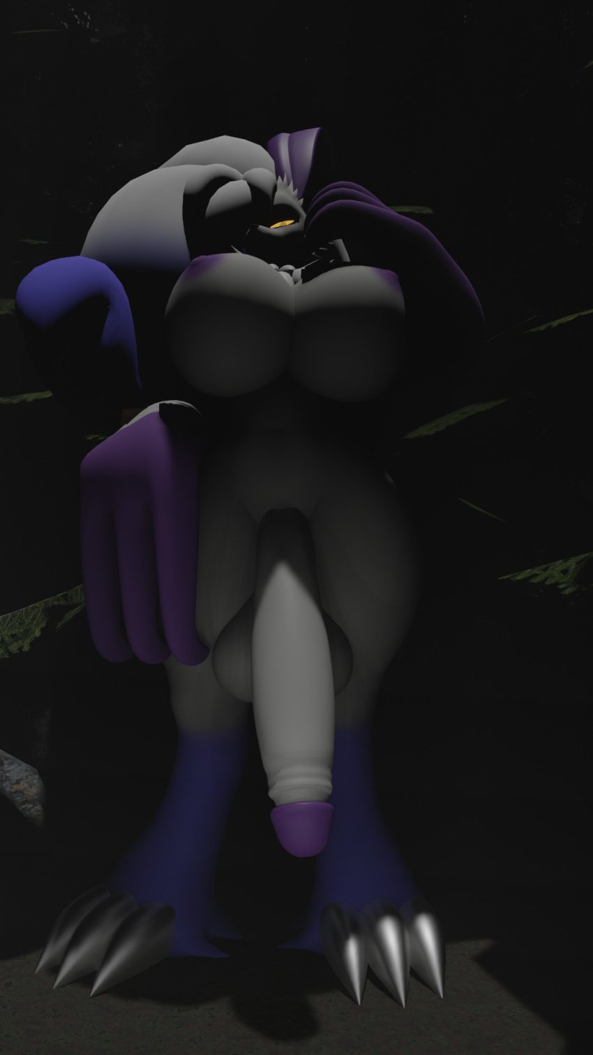 3d big_breasts female futanari giantess glowing_eyes hisuian_zoroark huge_cock imminent_sex looking_at_viewer looking_down lusterblaze pokemon yellow_eyes zoroark