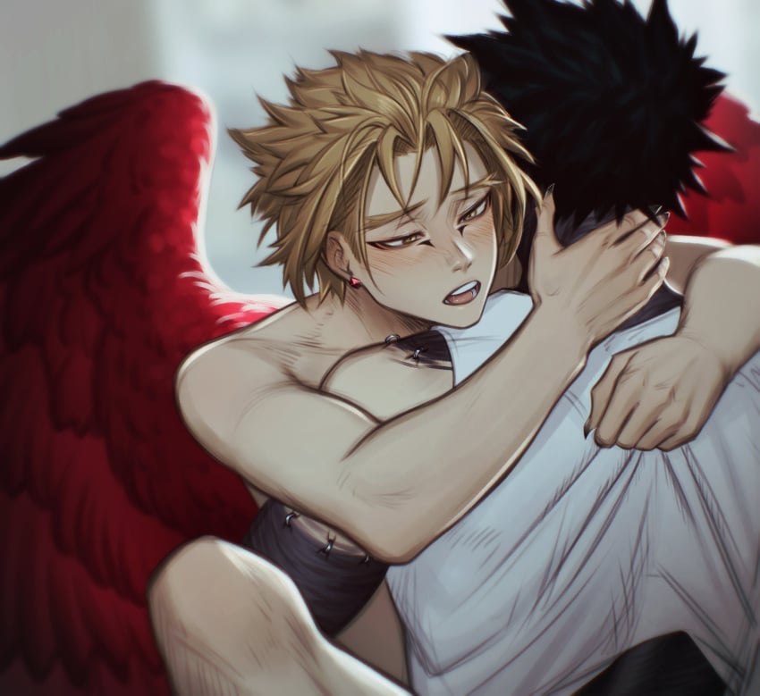 2boys black_hair blonde_hair blush boku_no_hero_academia dabi feathered_wings gay hawks_(my_hero_academia) keigo_takami my_hero_academia red_wings saika076 shirt_only shirt_pull sitting_on_lap touya_todoroki wings yaoi yellow_eyes