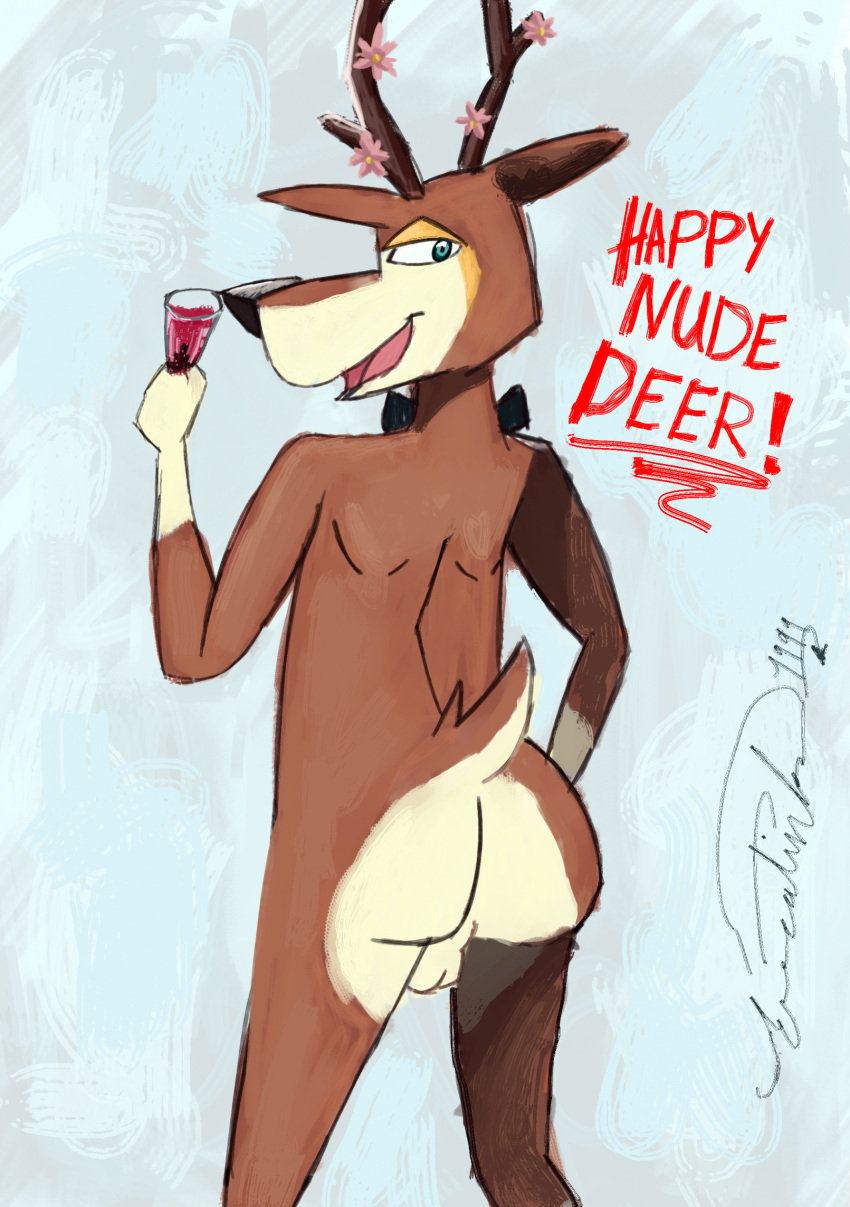 alcohol anthro anthrofied antlers ass backsack balls beverage biped brown_body brown_fur container cup deer drinking_glass fur generation_5_pokemon genitals glass glass_container glass_cup gloves_(marking) greatink1999 happy_nude_deer hi_res holidays horn humor looking_back male male_only mammal markings new_year nintendo pokemon pokemon_(species) pun sawsbuck scut_tail short_tail solo tail tan_body tan_fur