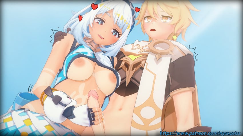 1boy 1girls aether_(genshin_impact) amber_eyes areola areolae blonde_hair blonde_male blush blushing_male bottomless bottomless_male breasts breasts_out earrings fish-shaped_pupils genshin_impact grabbing_shoulder hair hair_band hairband half-dressed half_dressed half_naked half_nude hand_on_cock hand_on_penis handjob heart heart_symbol light-skinned_male light_skin looking_at_genitalia looking_at_penis looking_down looking_down_at_genitalia looking_down_at_penis male/female midriff mostly_clothed mostly_clothed_female mualani_(genshin_impact) navel nipples nyxxzeiss outdoor outdoors outdoors_sex outside pale-skinned_male pale_skin penis pleasure pleasure_face pleasured pleasured_face pleasured_male sex shoulder_grab skirt standing standing_handjob standing_position straight straight_sex stroking stroking_cock stroking_penis tan_lines tan_skin tan_skinned_female touching touching_penis tremble_lines white_hair white_hair_female