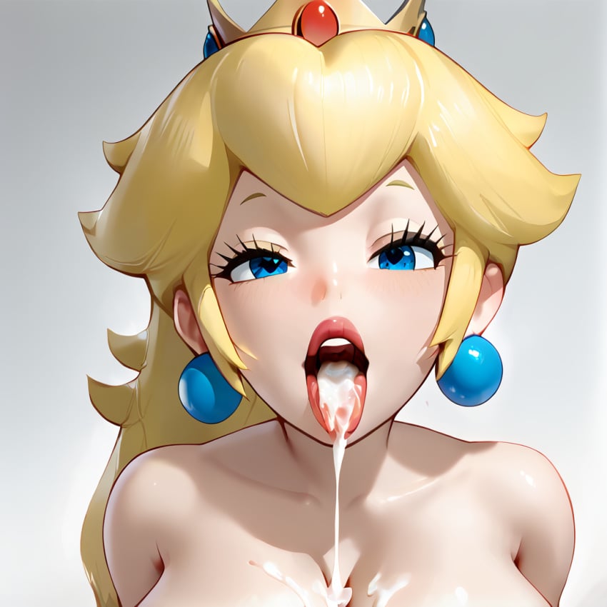 after_sex ai_generated blonde_hair blue_eyes crown cum cum_drip cum_dripping cum_in_mouth earrings looking_at_viewer mario_(series) open_mouth princess princess_peach showing_cum stable_diffusion