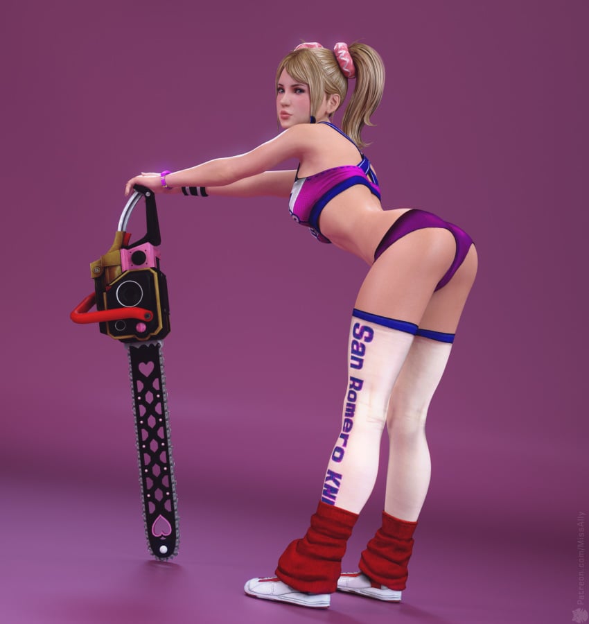 1girls 3d ass blonde_hair chainsaw juliet_starling legwear lollipop_chainsaw missally panties pink_background purple_panties solo twintails